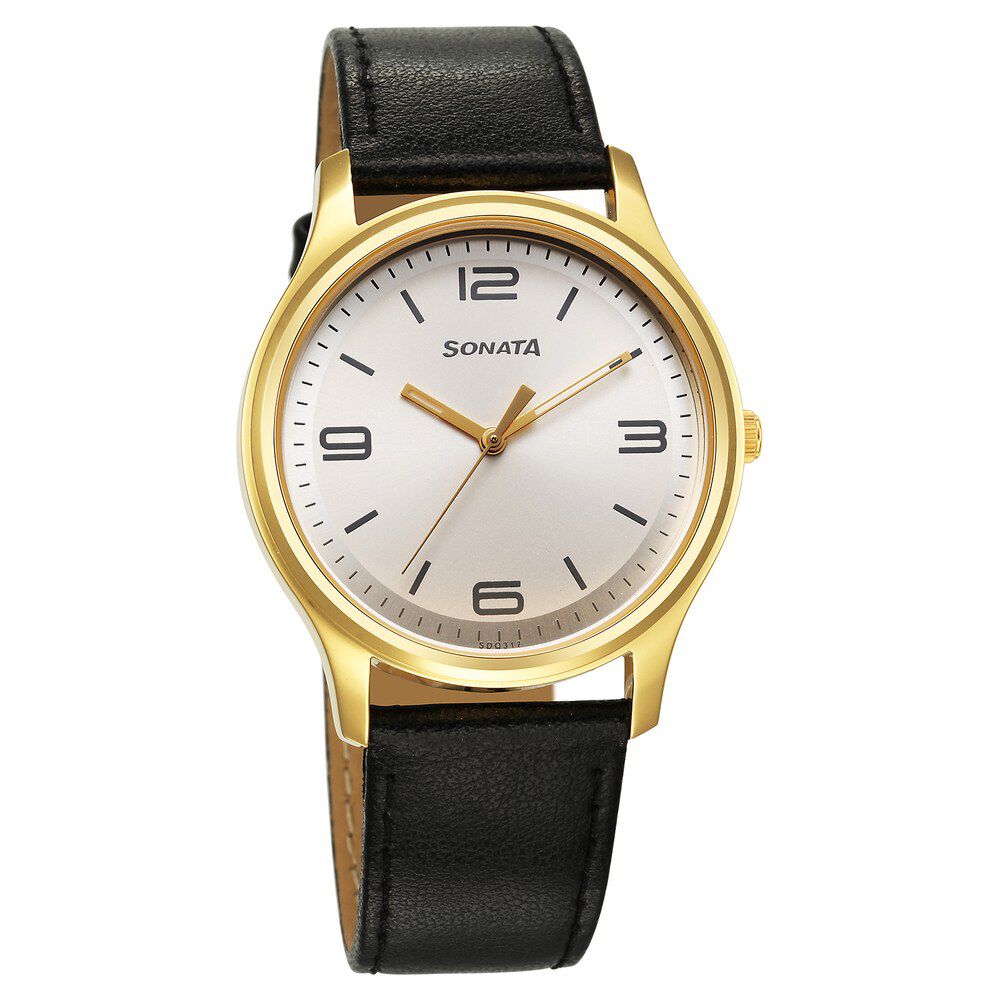 Buy Online Sonata Traditional Essentials Quartz Analog Silver Dial Leather Strap Watch for Men 77082yl09 Titan
