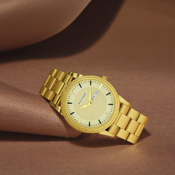 Titan Quartz Analog with Day and Date Golden Dial Stainless Steel Strap Watch for Men - image number 0