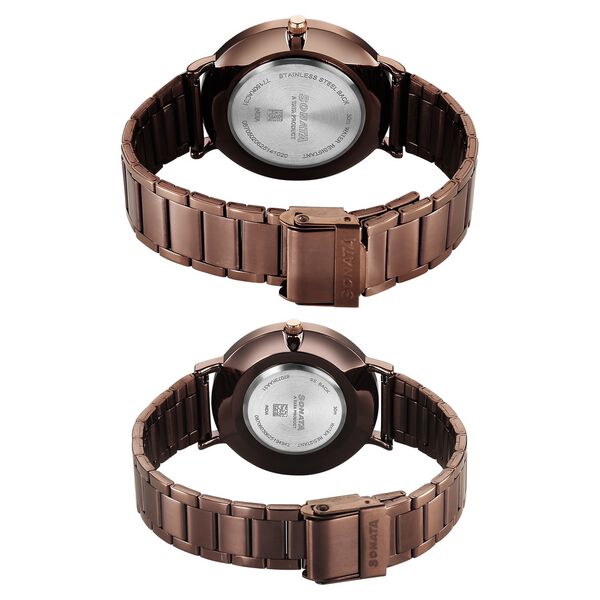 Sonata Soulmate Quartz Analog Brown Dial Brown Stainless Steel Strap Watch For Couple - image number 5