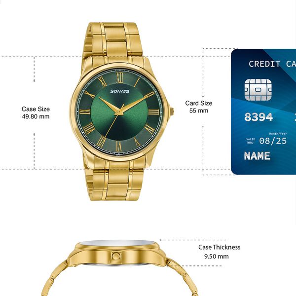 Sonata Traditional Essentials Green Dial Gold-Tone Stainless Steel Strap Watch - image number 3