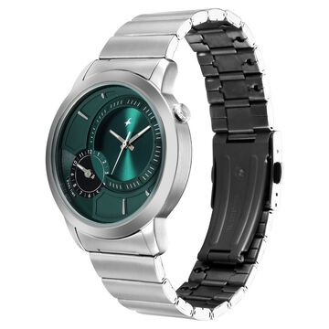 Fastrack Pulse IV Dual Time Watch for Men with Teal Green Sunray Dial & Silver Metal Strap