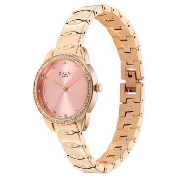 Titan Raga Showstopper Quartz Analog Pink Round Dial Rose Gold Metal Strap Watch For Women