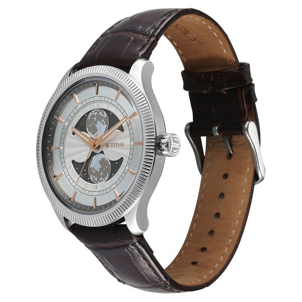 Titan Stellar Analog with Dual Moon Phase and Silver Dial Brown Leather Strap Watch for Men - image number 4