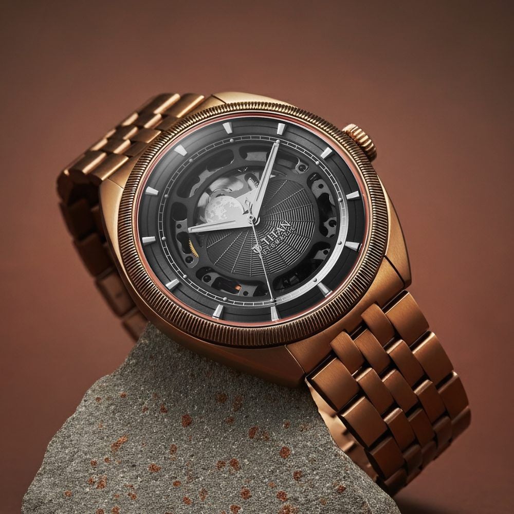 Titan Stellar Cupola Automatic Analog with Sun Moon Phase and Gray Dial IP Bronze Stainless Steel Strap Watch for Men-image-6