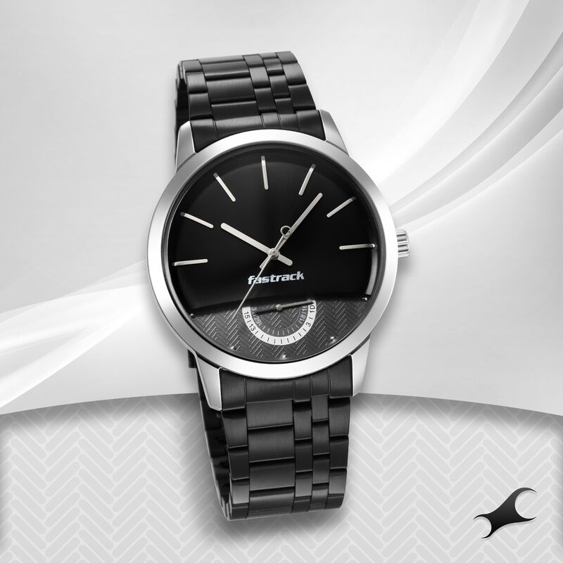 Fastrack Opulence Quartz Analog with Date Black Dial Stainless Steel Strap Watch for Guys