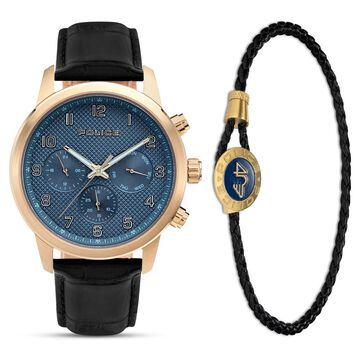 Police Quartz Multifunction Blue Dial Leather Strap Watch for Men