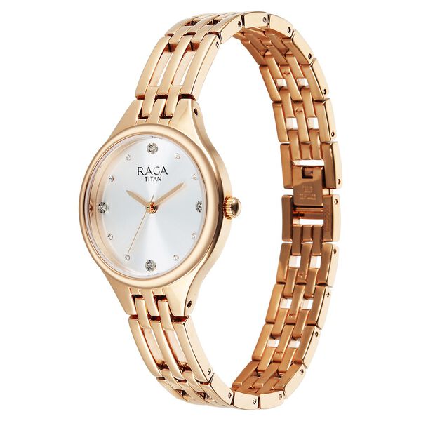 Titan Raga Showstopper Quartz Analog Silver Dial Rose Gold Metal Strap Watch For Women - image number 2