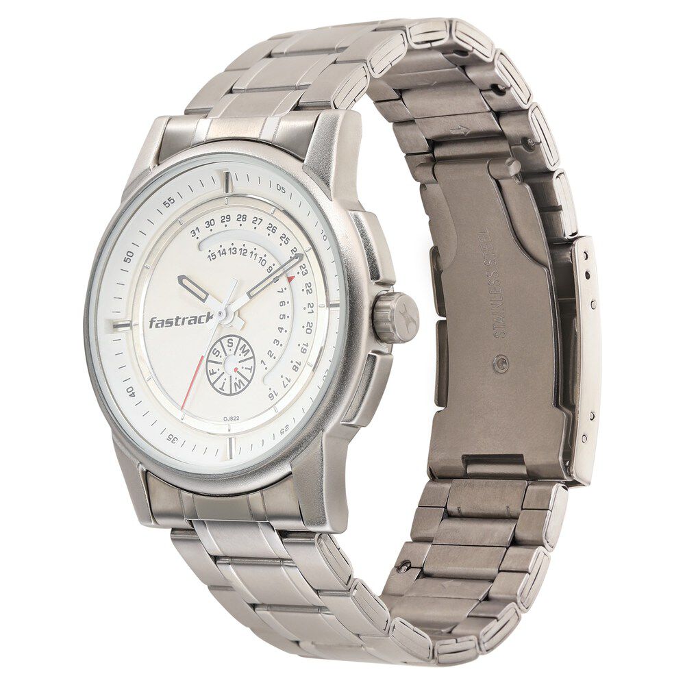 Buy Online Fastrack Go Skate Quartz Analog with Day and Date White Dial Stainless Steel Strap Watch for Guys ns3215sm01 Titan