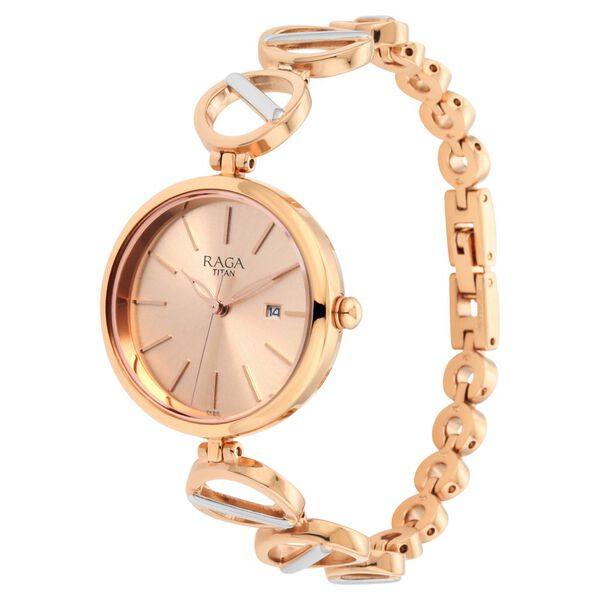 Titan Raga Viva Quartz Analog with Day and Date Rose Gold Dial Two Toned Metal Strap Watch For Women - image number 3