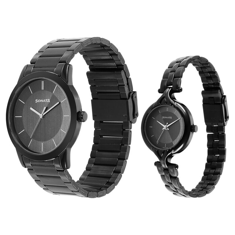 Sonata Quartz Analog Black Dial Stainless Steel Strap Watch for Couple - image number 1