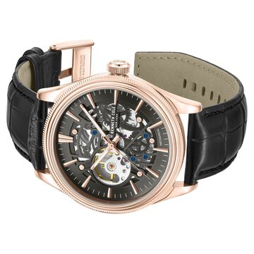 Kenneth Cole Mechanical Hand Wound Analog Mechanical Grey Dial With Black Leather Strap Watch For Men