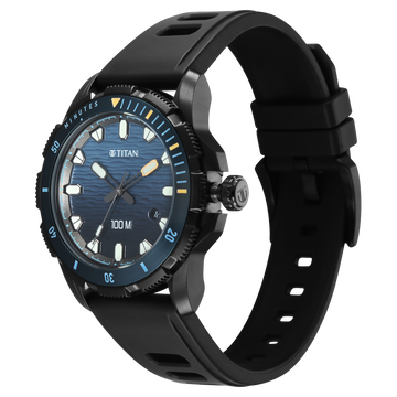 Titan Zero Hour Diver's 100m Analog with Blue Dial Black FKM Strap Watch for Men