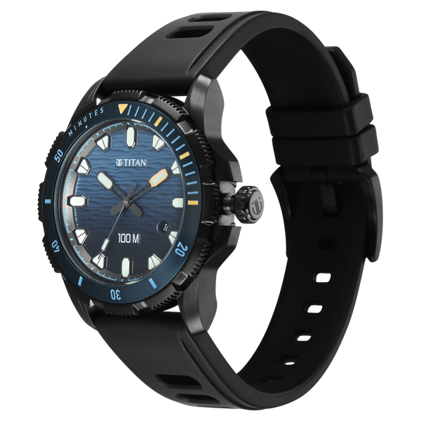 Titan Zero Hour Diver's 100m Analog with Blue Dial Black FKM Strap Watch for Men - image number 2
