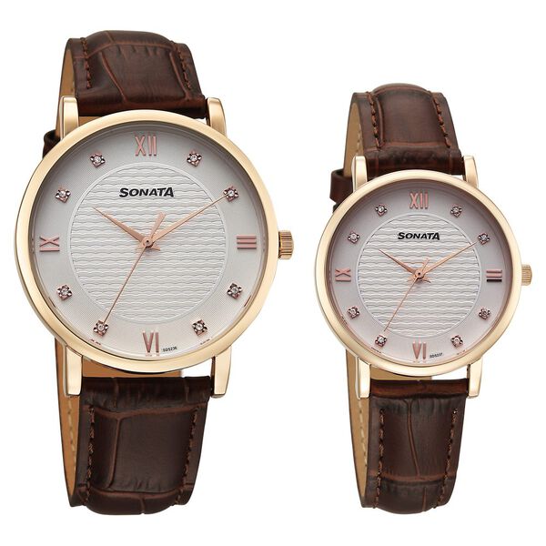 Sonata Perfect Pairs Quartz Analog White Dial Brown Leather Strap Watch For Couple - image number 0
