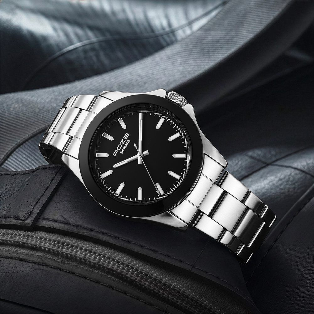 Sonata Poze Quartz Analog Black Dial Silver Stainless Steel Strap Watch For Men-image-22