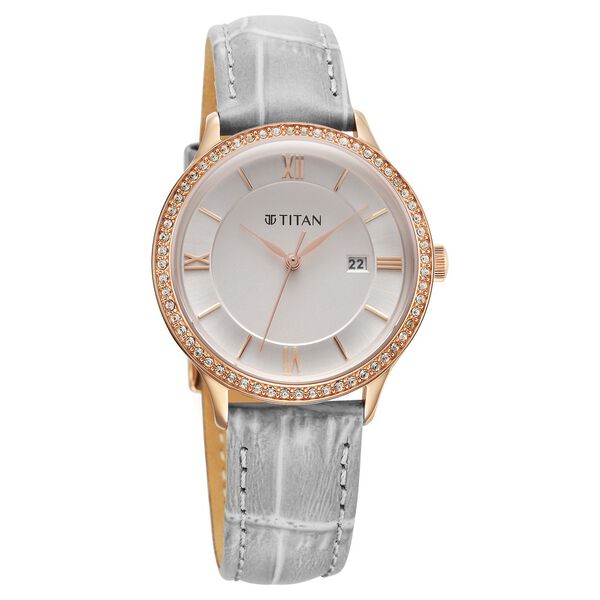 Titan Bright Leathers Quartz Analog with Date Silver Dial Leather Strap for Women - image number 1