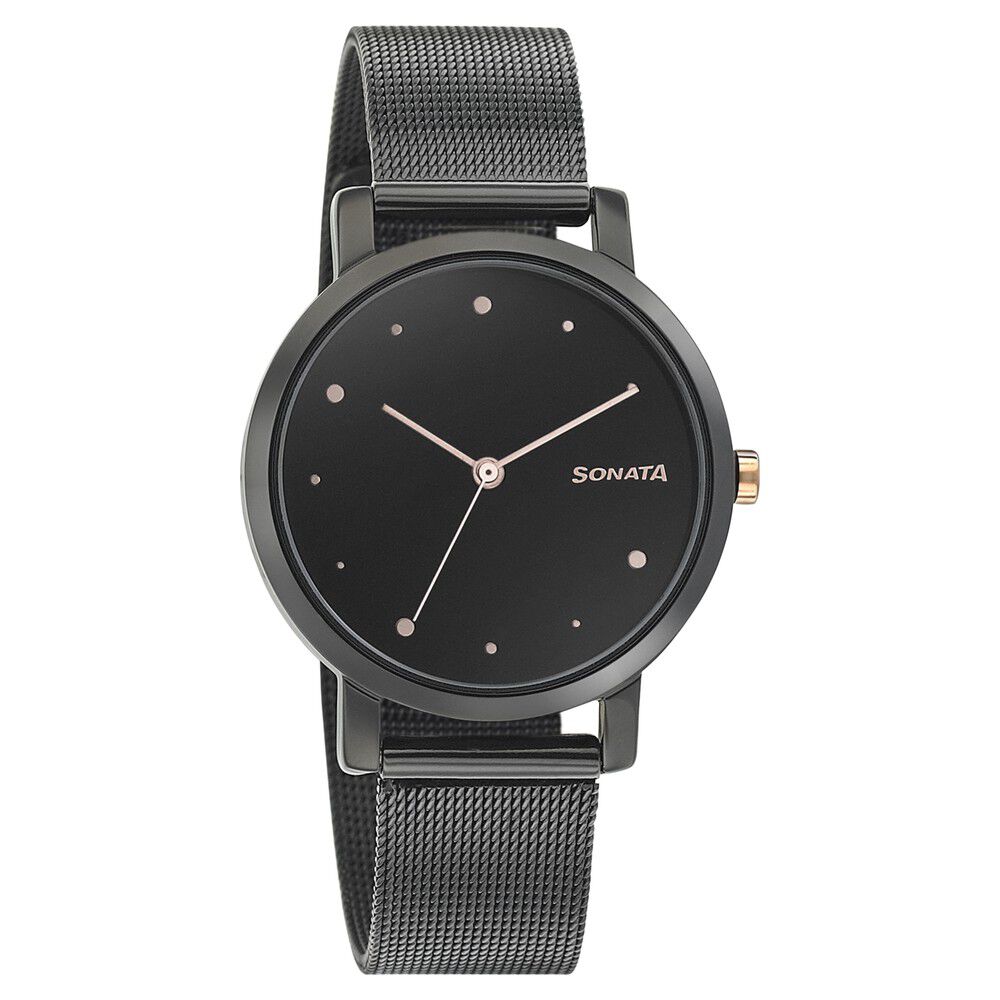 Buy Online Sonata Onyx Black Dial Women Watch With Stainless Steel Strap ns8164km01 Titan