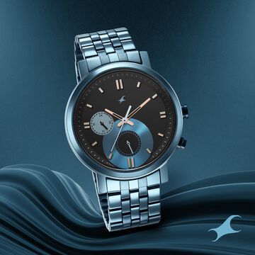 Fastrack Tick Tock Quartz Multifunction Black Dial Metal Strap Watch for Guys