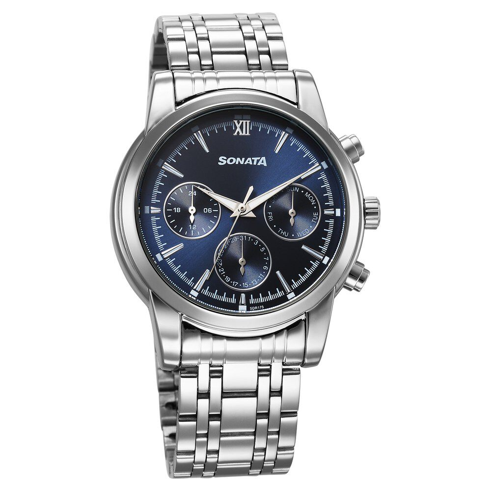 Buy Online Sonata Wedding Multifunction Blue Dial Stainless Steel Strap Watch For Men 77158sm01 Titan