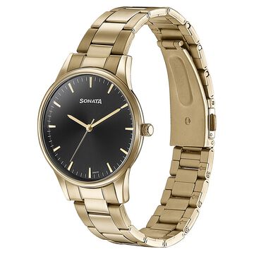 Sonata Quartz Analog Black Dial Golden Stainless Steel Strap Watch For Men
