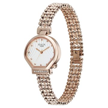 Titan Raga Spotlight Quartz Analog White Dial Rose Gold Metal Strap Watch For Women