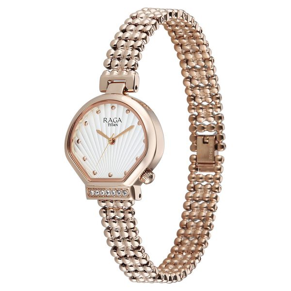 Titan Raga Spotlight Quartz Analog White Dial Rose Gold Metal Strap Watch For Women - image number 2