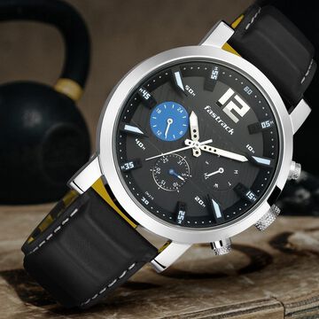 Fastrack Fastfit Quartz Multifunction Black Dial Leather Strap Watch for Guys