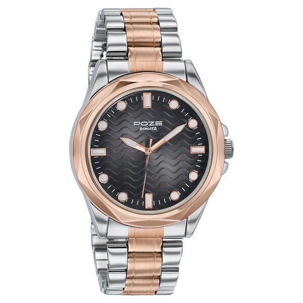 Poze By Sonata Quartz Analog Black Dial Two Toned Metal Strap Watch For Men - image number 2