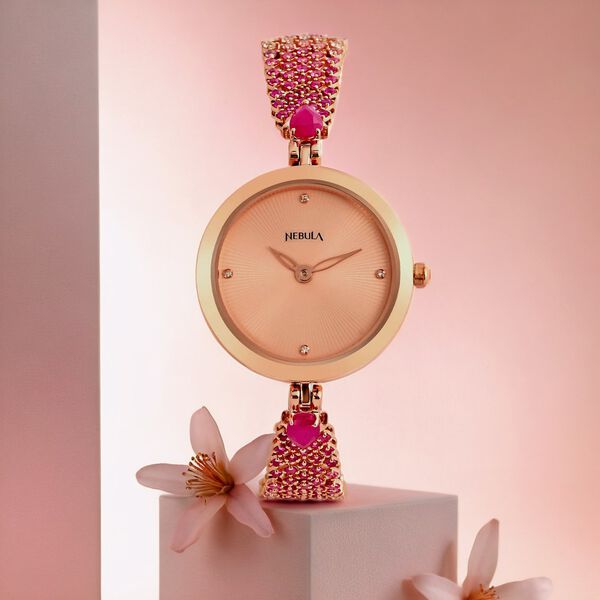 Titan Nebula Ashvi 18k Solid Pink Gold Analog with Diamond and Rubies Bracelet Watch for Women - image number 5