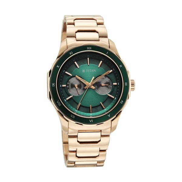 Titan Regalia Opulent Two-Eye Multifunction Green Panda Dial Carnation Leather Strap Watch For Men - image number 1