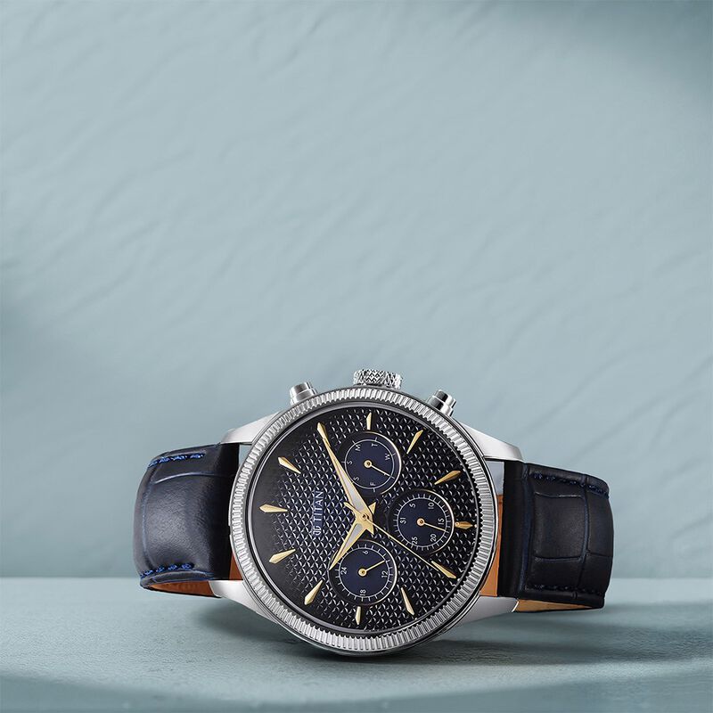 Titan Regalia Opulent Quartz Analog with Day and Date Blue Dial Blue Leather Strap Watch for Men