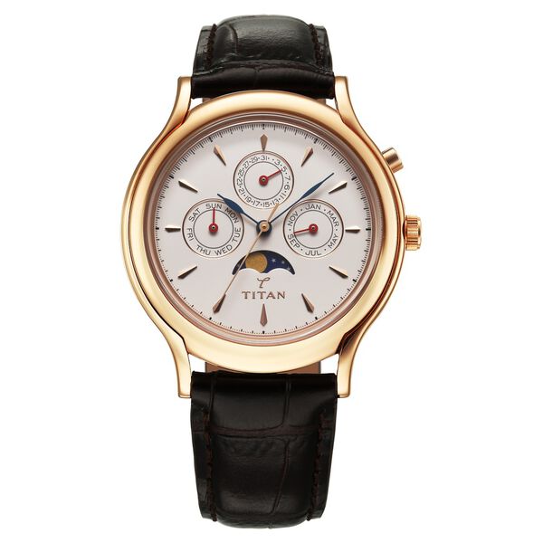 Titan 40 years Quartz Multifunction with Moon Phase White Dial Brown Leather Strap Watch For Men - image number 0