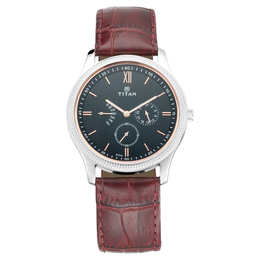 Buy Online Titan Quartz Multifunction Metal Dial Leather Strap watch for Men nn1768sl04 Titan