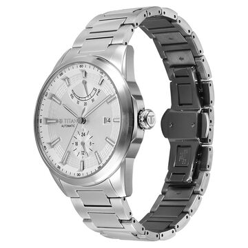 Titan Aion Concealed Automatic Analog with Power Reserve Indicator White Dial Silver Stainless Steel Strap Watch for Men