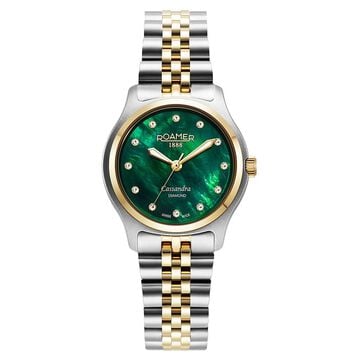 Roamer Cassandra Diamond Quartz Analog Green Mother Of Pearl Dial Two Toned Stainless Steel Strap Watch For Women
