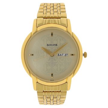 Sonata Quartz Analog with Day and Date Champagne Dial Stainless Steel Strap Watch for Men