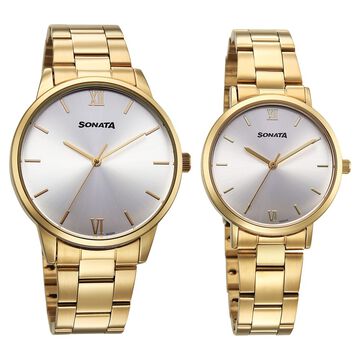 Sonata Perfect Pairs Quartz Analog Silver Dial Golden Metal Strap Watch For Couple