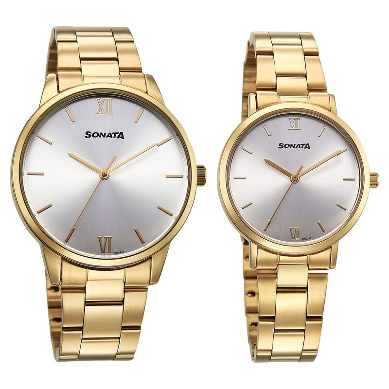 Sonata Perfect Pairs Quartz Analog Silver Dial Golden Metal Strap Watch For Couple