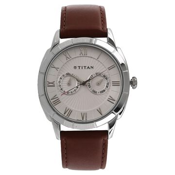 Titan Smartsteel White Dial Quartz Multifunction Leather Strap Watch for Men
