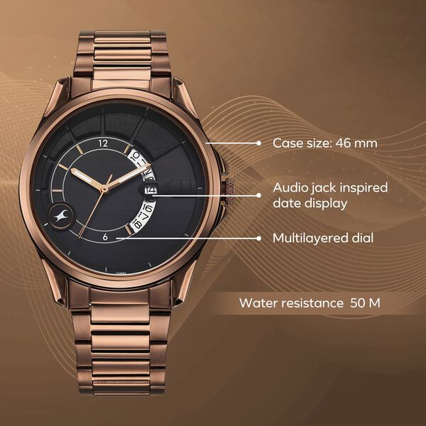 Fastrack Groove Quartz Analog with Date Black Dial Brown Stainless Steel Strap Watch For Guys - image number 2