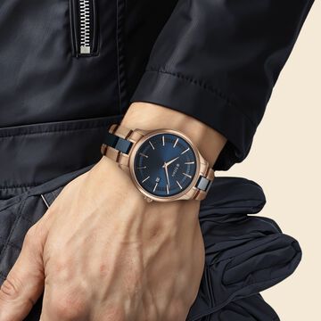 Titan Slim Ceramic Fusion Quartz Analog with Date Blue Dial Stainless Steel Strap Watch For Men