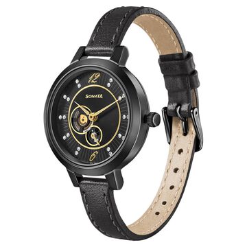 Sonata Unveil Black Dial Women Watch With Leather Strap