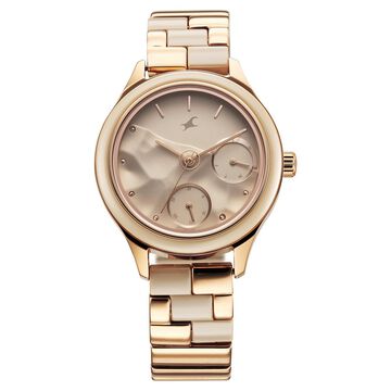 Fastrack Cerame Quartz Multifunction Beige Dial With Champagne Color Steel & Ceramic Strap Watch For Girls