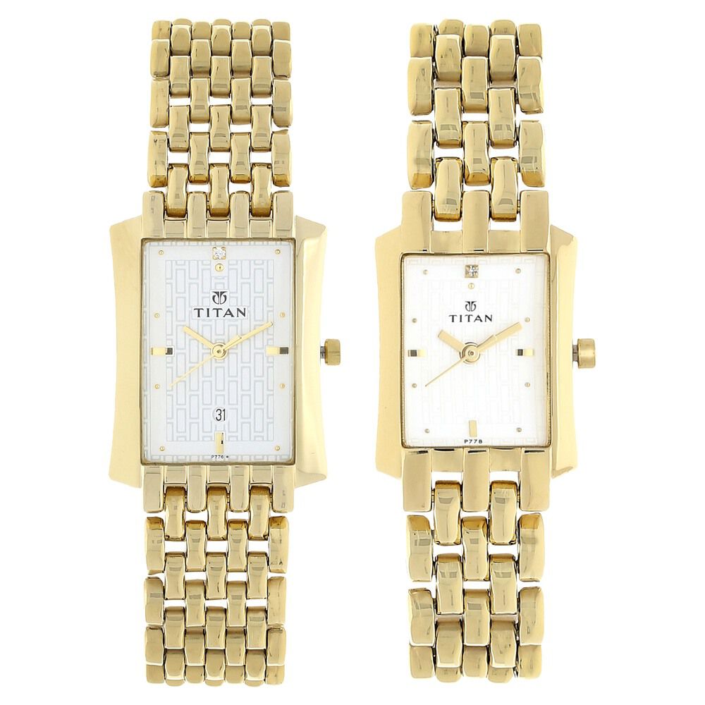 Titan Quartz Analog with Date Silver Dial Stainless Steel Strap Watch for Couple