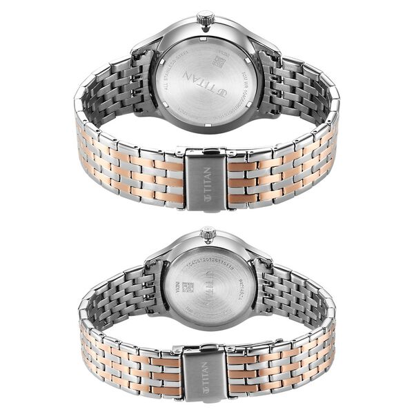 Titan Modern Bandhan Pair Analog with Blue Dial Dual-Tone Rose Gold Stainless Steel Strap Watch for Couples - image number 4