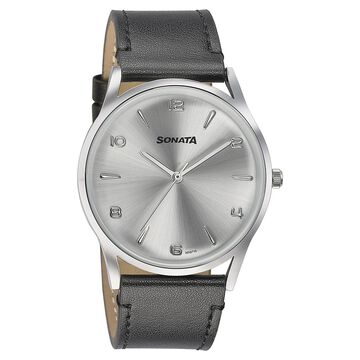 Sonata Quartz Analog Silver Dial Black Leather Strap Watch For Men