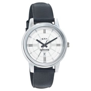 Sonata Quartz Analog with Day and Date Silver Dial Leather Strap Watch for Men
