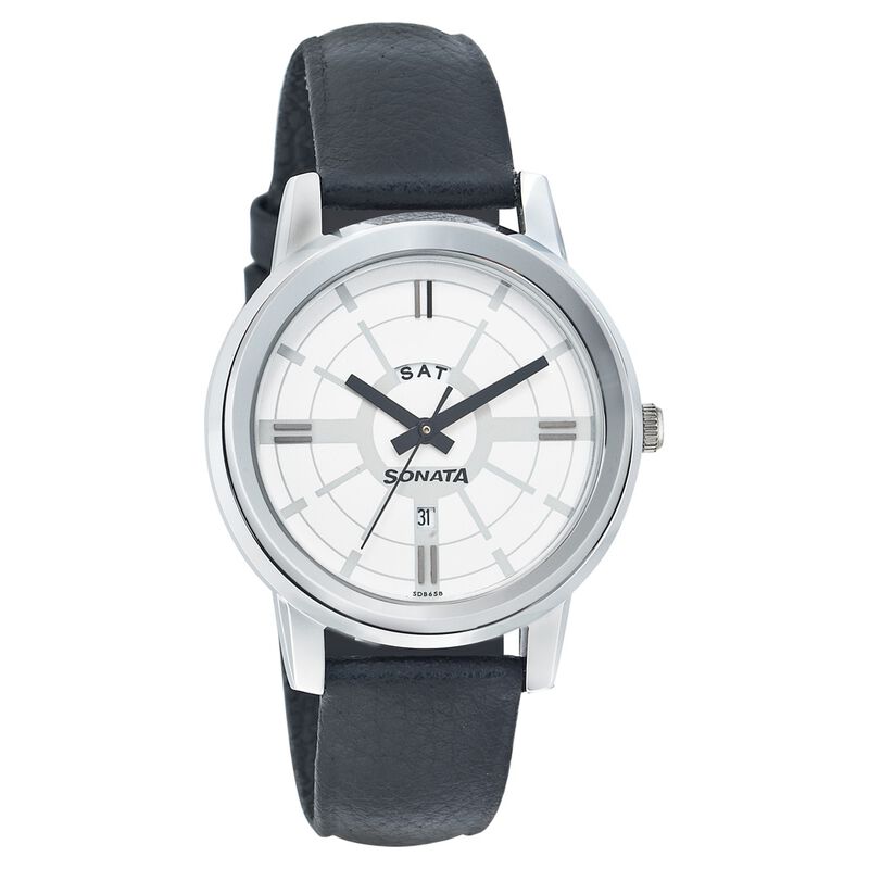 Sonata Quartz Analog with Day and Date Silver Dial Leather Strap Watch for Men - image number 0