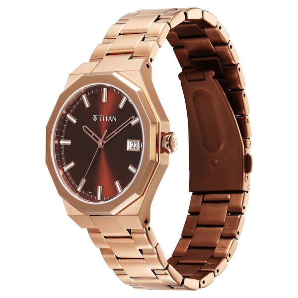 Titan Regalia Dodecagon Quartz Analog with Date Brown Dial Rose Gold Stainless Steel Strap Watch For Men - image number 4