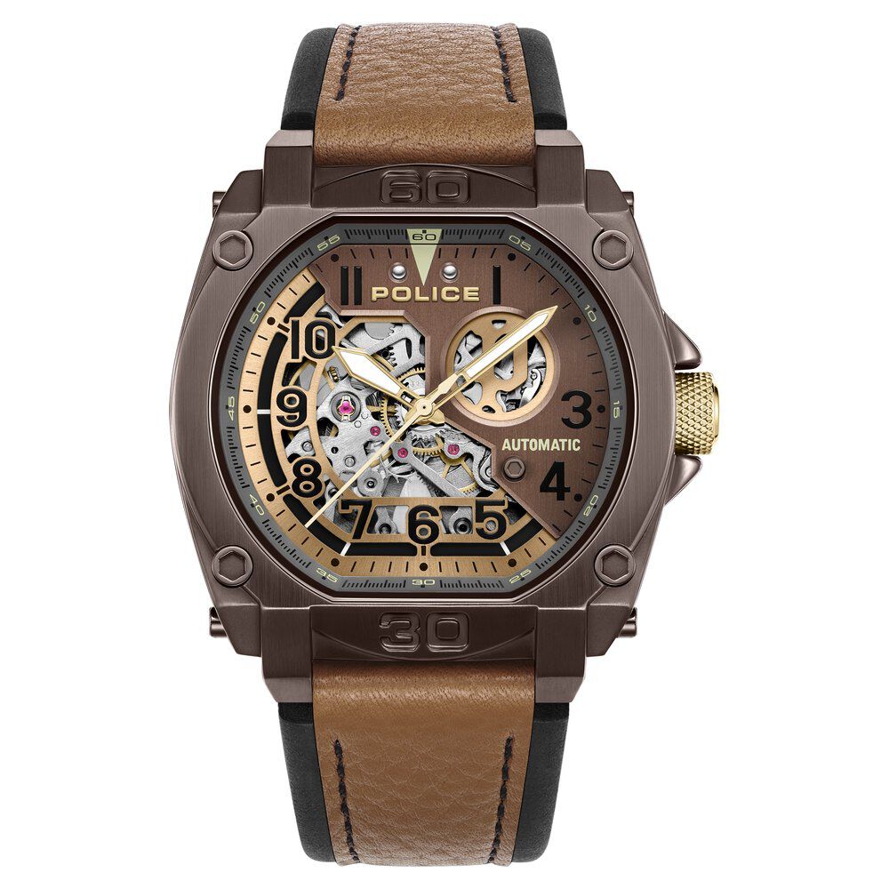 Buy Online Police Automatic Grey Dial Brown Leather Strap Watch for Men plpewge0040002 Titan